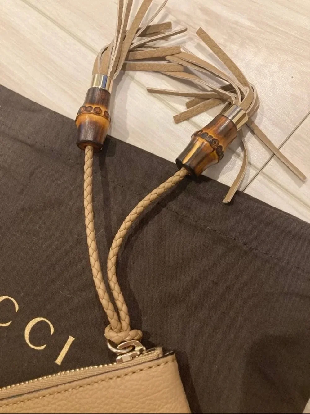 Gucci Tan Pebbled Leather Tassel Wristlet Pouch